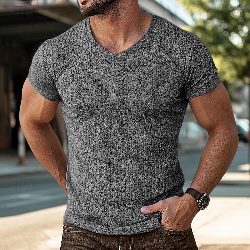 Men's Color Block Tee Short Sleeve Shirt Muscle Shirt Ribbed Knit tee Short Sleeve V Neck Summer Spring & Summer Solid Color Pit Strip Sports Daily V Neck Outdoor Casual Black White Blue Top Tee for2