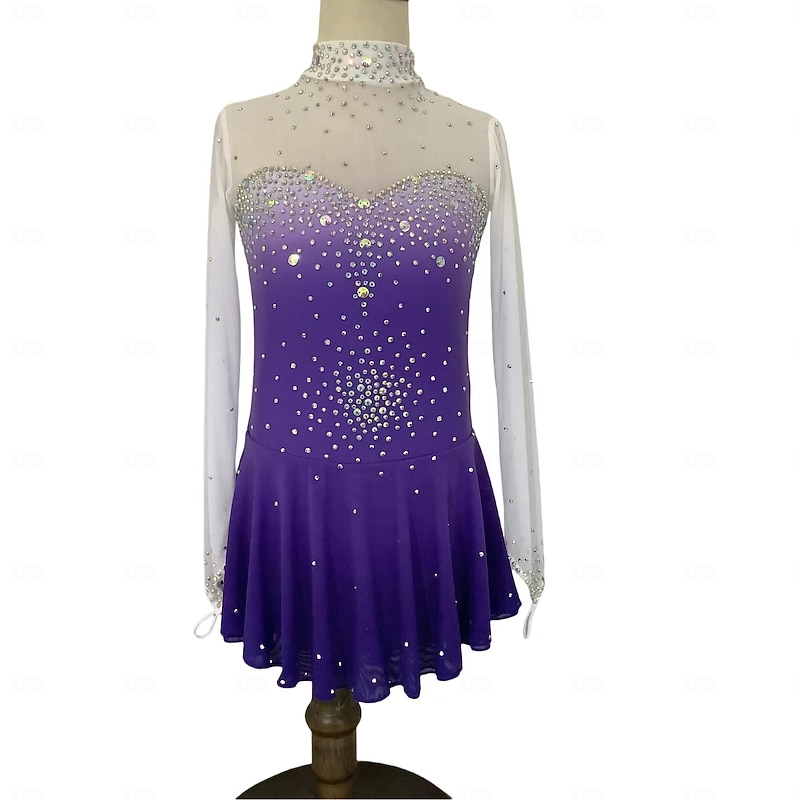 Figure Skating Dress Women's Girls' Ice Skating Dress Purple Patchwork Thumbhole Mesh Spandex Stretchy Training Practice Professional Skating Wear Thermal Warm Classic Crystal / Rhinestone Long Sleeve
