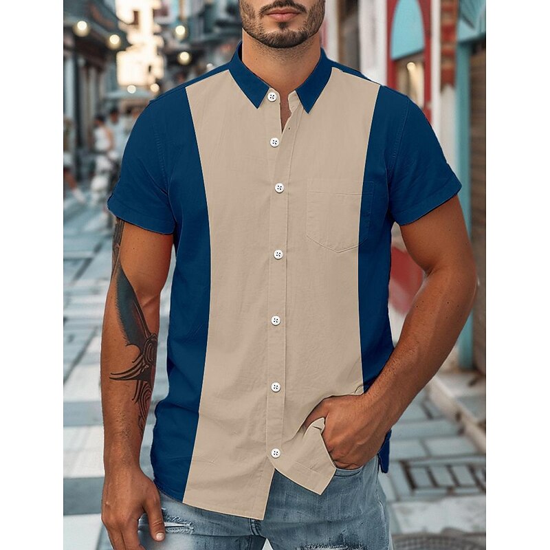 Men's Shirt Summer Shirt Button Up Shirt Casual Shirt Bowling Shirt Black Dark Navy Blue Short Sleeve Color Block Collar Daily Vacation Clothing Apparel Cotton Blend Fashion Casual Comfortable