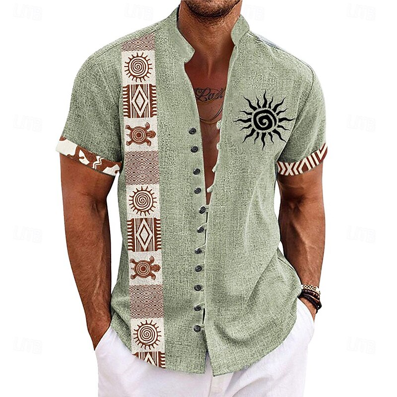 Men's Ethnic Shirt Button Up Shirt Short Sleeve Casual Tribal Vacation Daily Summer Spring Grandad Collar Band Collar Buttons Print Green Khaki Apricot Beige4