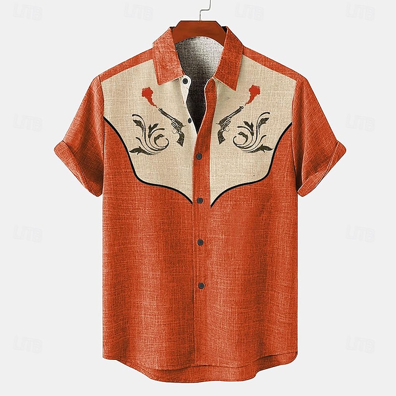 Men's Shirt Linen Shirt Retro Shirts Vintage Shirt Ethnic Shirt Floral Outdoor Work Blue Orange Gray Short Sleeve Turndown Summer Spring Clothing Apparel
