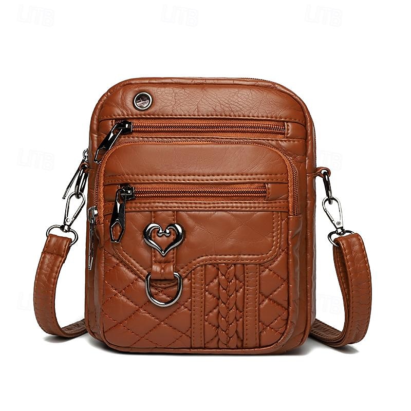 Fashionable Brown Quilted Crossbody Bag for Women – Stylish Faux Leather Shoulder Bag with Heart-Shaped Zipper Pull and Multiple Pockets