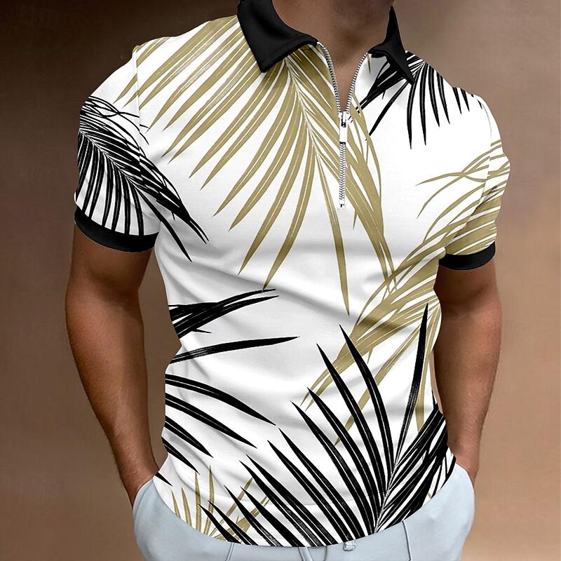 Men's Palm Tree Hawaiian Polo Shirts Golf Shirt Short Sleeve Polo Shirts Collared Shirts Beach Wear Vacation Wear Tropical Wear Party Outfits 3D Print Quarter Zip Polo Spring & Summer White Yellow3