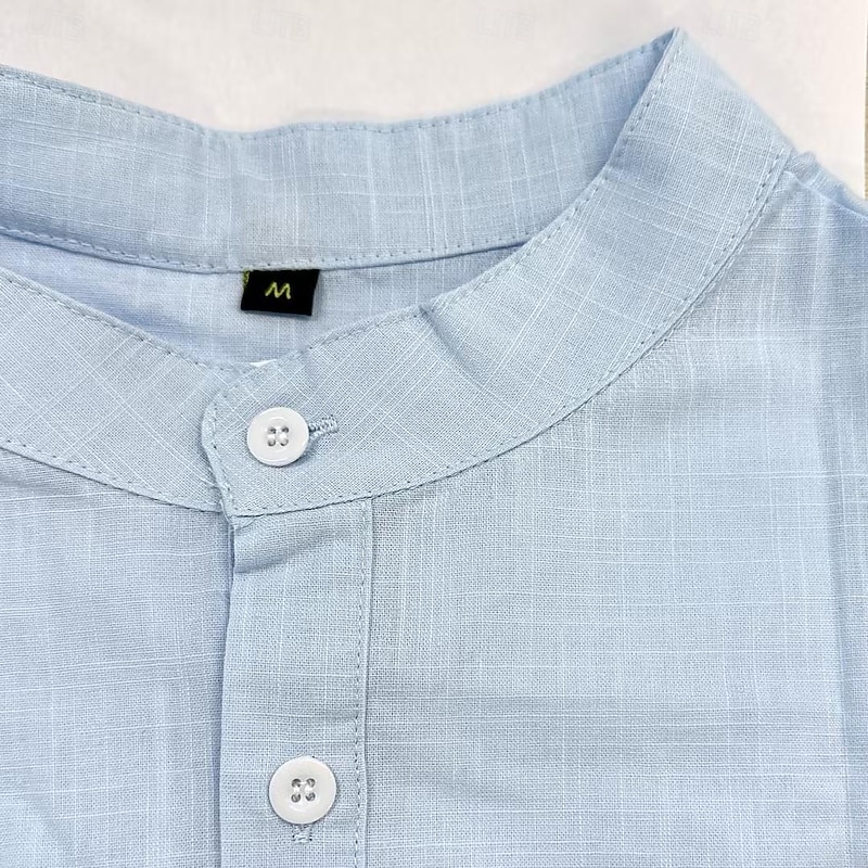 Men's Shirt Linen Shirt Chinese Collar Shirt Mandarin Collar Shirt Popover Shirt Casual Shirt Plain Vacation Street Black White Pink Army Green Short Sleeve Band Collar Summer Clothing Apparel2