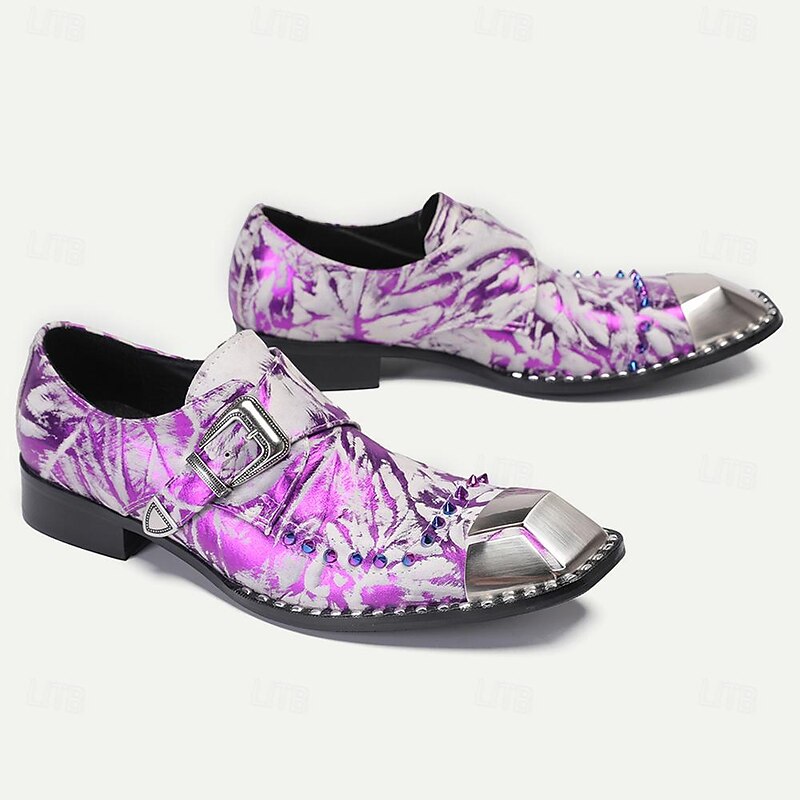 Men's Premium Cowhide Leather Punk Style Shoes - Purple Pattern Slip-On with Buckle and Metal Toe Cap4