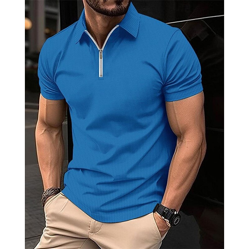Men's Waffle Polo Shirt Quarter Zip Polo Daily Holiday Turndown Short Sleeve Fashion Basic Plain Spring & Summer Regular Fit Black White Blue Khaki Waffle Polo Shirt3