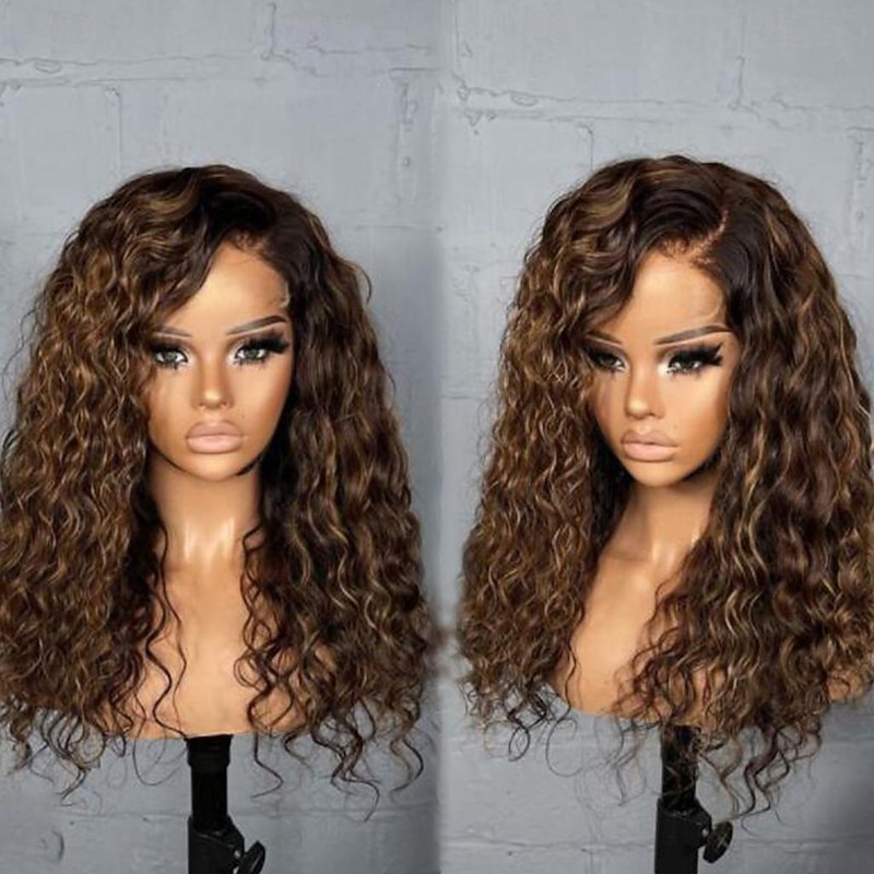 Remy Human Hair 13x4 Lace Front Wig Free Part Brazilian Hair Curly Water Wave Brown Wig 130% 150% Density with Baby Hair Highlighted / Balayage Hair Pre-Plucked For wigs for black women Long Human