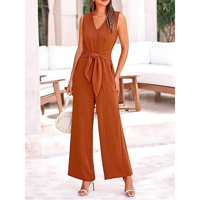 Women's Normal Jumpsuit Elegant Solid Color Sleeveless V Neck Lace up Pocket Office Business Regular Fit Black Wine Army Green Summer2