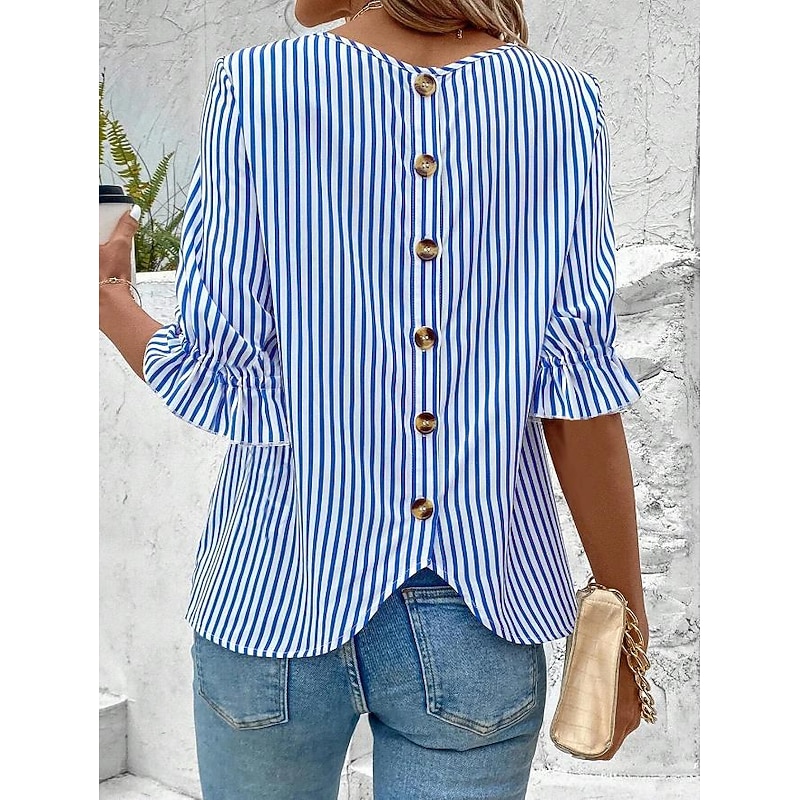 Women's Blouse Dressy Tops Striped Elegant Bohemia Half Sleeve Crew Neck Work Ruffle Buttons Blue Summer