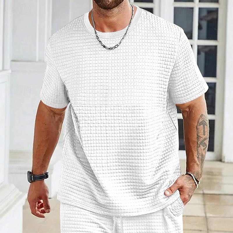 Men's Waffle Tee Waffle Shirt T Shirt Tee Short Sleeve Crew Neck Spring & Summer Plain Fashion Designer Basic Vacation Street Going out Black White Light Grey Top Tee for Men