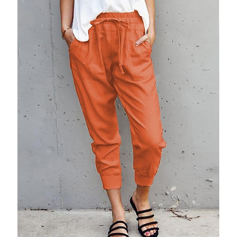 Women's Cotton Linen Pants Pants Trousers Casual Daily Ankle-Length Plain Drawstring Side Pockets Breathability Comfortable Inelastic Weekend White Army Green Orange Apricot Spring & Summer Regular