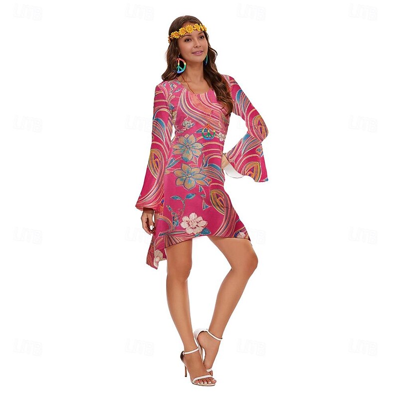 Retro Vintage 1970s 70s Fancy Dress Women Bell Sleeve Hippie Flower / Floral U Neck Fancy Dress Women's Halloween Carnival Masquerade Party Daily Wear Pride Parade Adults' Dress All Seasons3