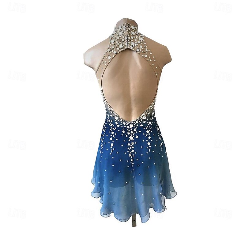 Figure Skating Dress Women's Girls' Ice Skating Dress Blue Thumbhole Halo Dyeing High Elasticity Professional Competition Skating Wear Thermal Warm Crystal / Rhinestone Long Sleeve Ice Skating Figure3