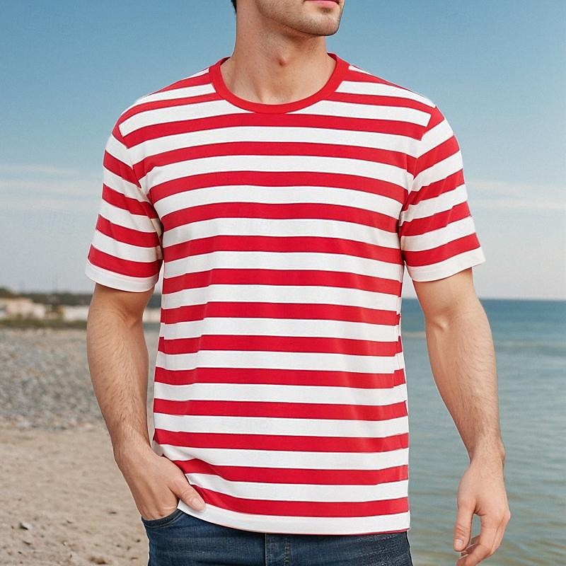 Men's T Shirt Tee Short Sleeve Shirt Tee Top Short Sleeve Crew Neck Spring & Summer Striped Fashion Designer Basic Vacation Street Going out Black Yellow Red Top Tee for Men - Main Image