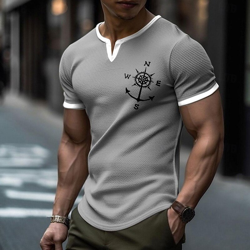 Men's Nautical Compass Waffle Shirt Short Sleeve T shirt 3D Print V Neck Shirt Daily Designer Street Daily Black Royal Blue Gray Summer Spring Clothing Apparel S M L XL XXL XXXL4
