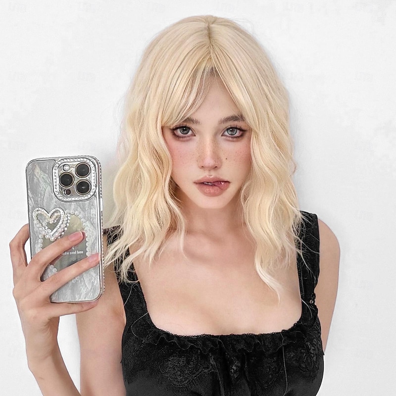 12Inch Synthetic Wigs For Women's Wig  White Blonde Short Curly Bobo Hair with  Bangs Fashion Lovely Party2