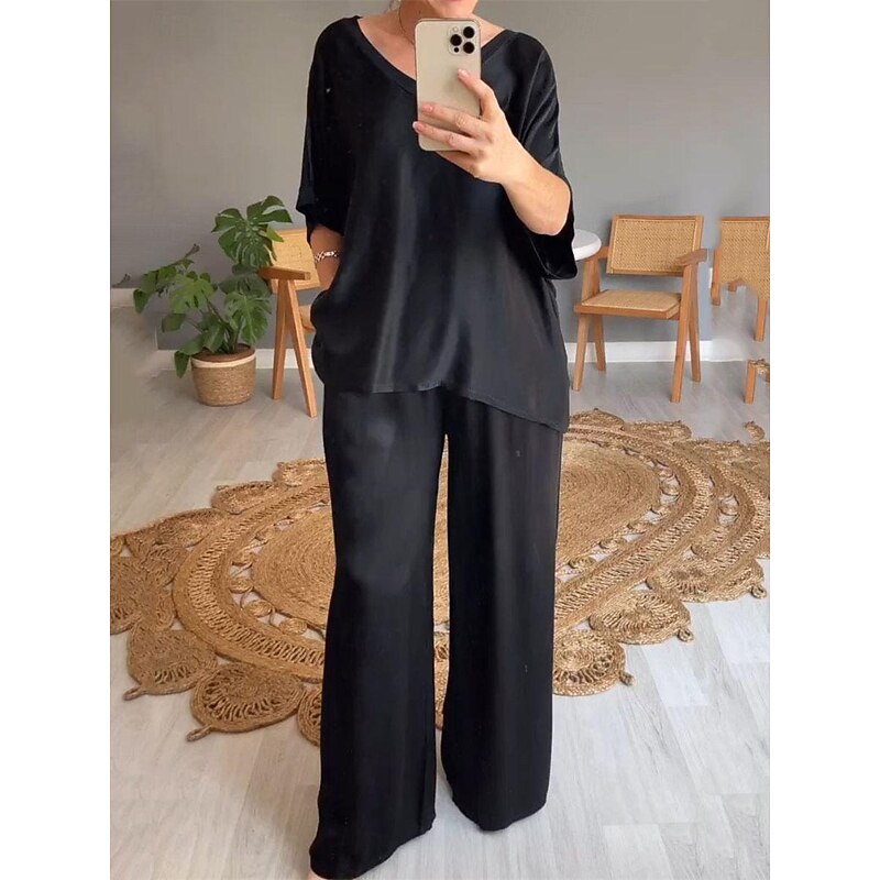 Women's Stylish T Shirt Wide Leg Pants 3/4 Length Sleeve V Neck Plain Holiday Weekend Silver Black Pink Summer Regular Fit3