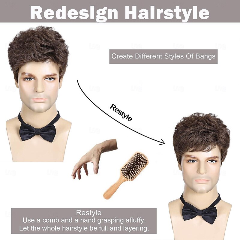 Mens Brown Wig,Short Brown Wigs for Men Natural Layered Fluffy Wig Daily Halloween Synthetic Realistic Hair Male Guys Wigs2