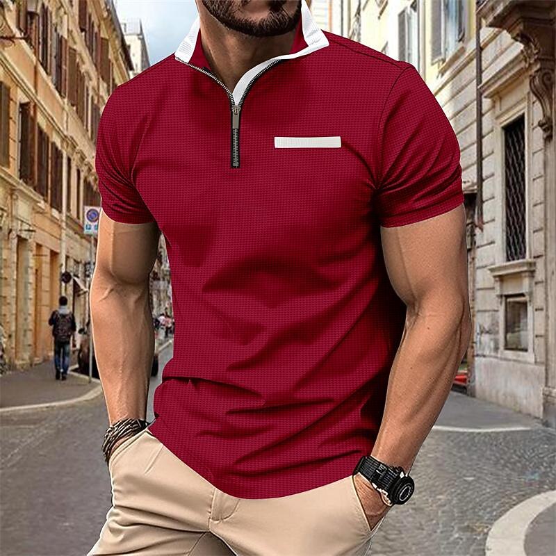 Men's Waffle Polo Shirt Quarter Zip Polo Daily Holiday Quarter Zip Short Sleeve Fashion Basic Color Block Spring & Summer Regular Fit Black White Red Navy Blue Khaki Light Grey Waffle Polo Shirt