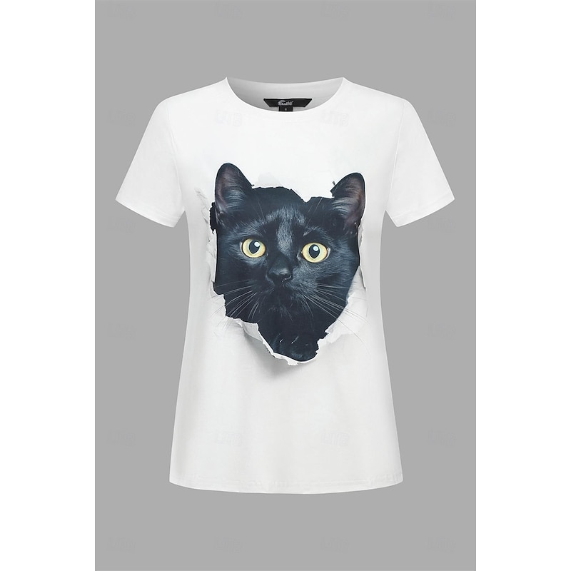 Women's T Shirt Casual Short Sleeve Round Neck Cat 3D Print Illusion Graphic Novelty Tee White Breathable Soft Comfortable Summer Daily Wear Pet Lovers Clothing4
