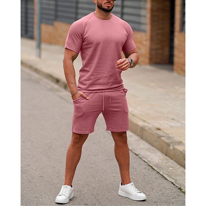 Men's T-shirt Suits 2 Pieces Outfits Tee & Shorts Short Sleeve Crew Neck Summer Plain Fashion Casual 2 Piece Vacation Daily Wear Going out White Pink Green Top Tee for Men 9