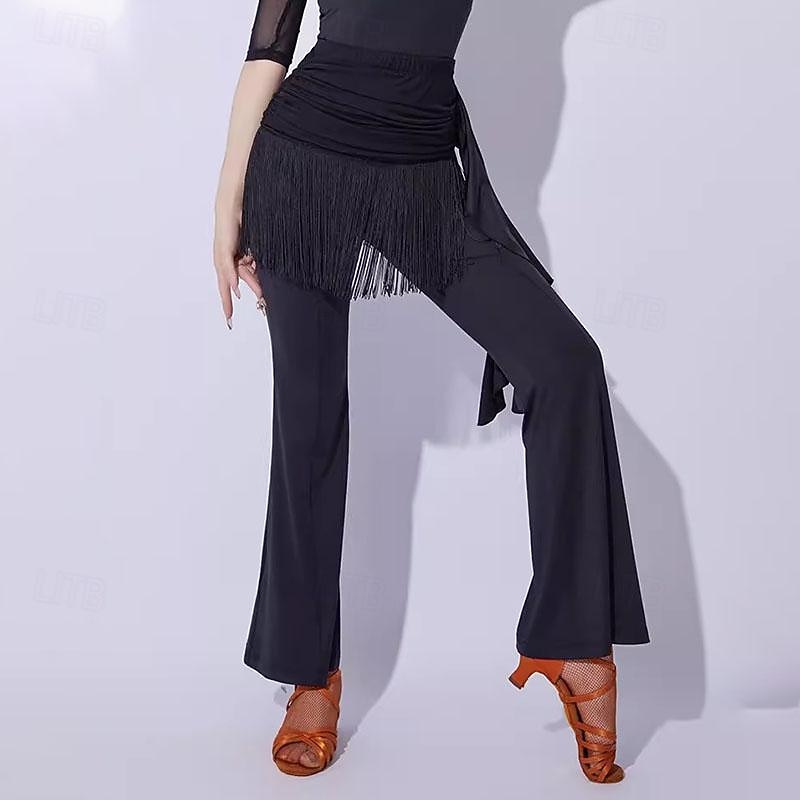 Latin Dance Ballroom Dance Pants Tassel Pure Color Splicing Women's Performance Training Milk Fiber3