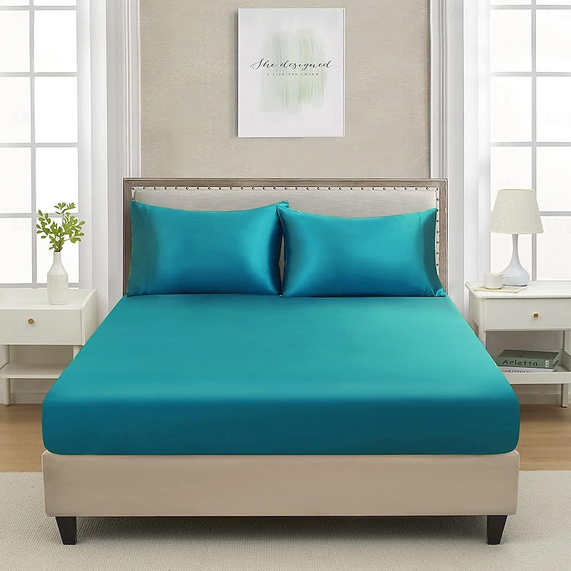3PCS Satin Fitted Sheet Set Solid Color Fitted Sheet and Pillowcase Set without Filler 1 Fitted Sheet 2 Pillowcases Mattress Protective Cover Comfortable and Smooth2