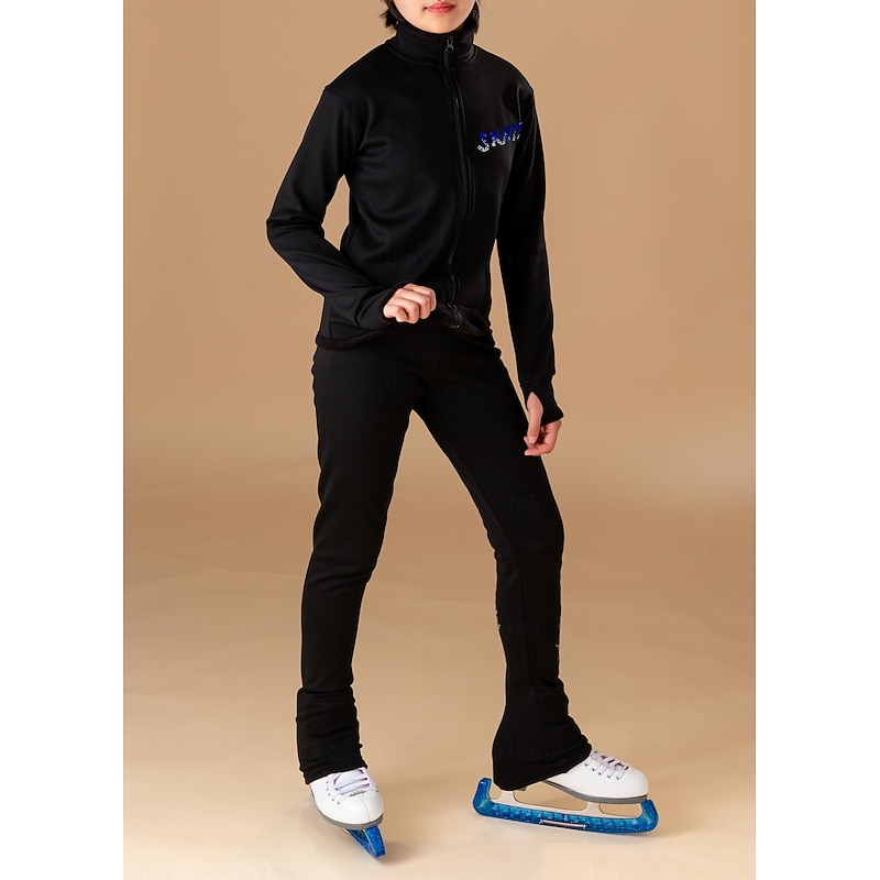 Figure Skating Fleece Jacket Figure Skating Pants Figure Skating Jacket with Pants Women's Girls' Ice Skating Jacket Tights Outfits Black Dusty Rose Light Purple Patchwork Thumbhole Spandex Stretchy2