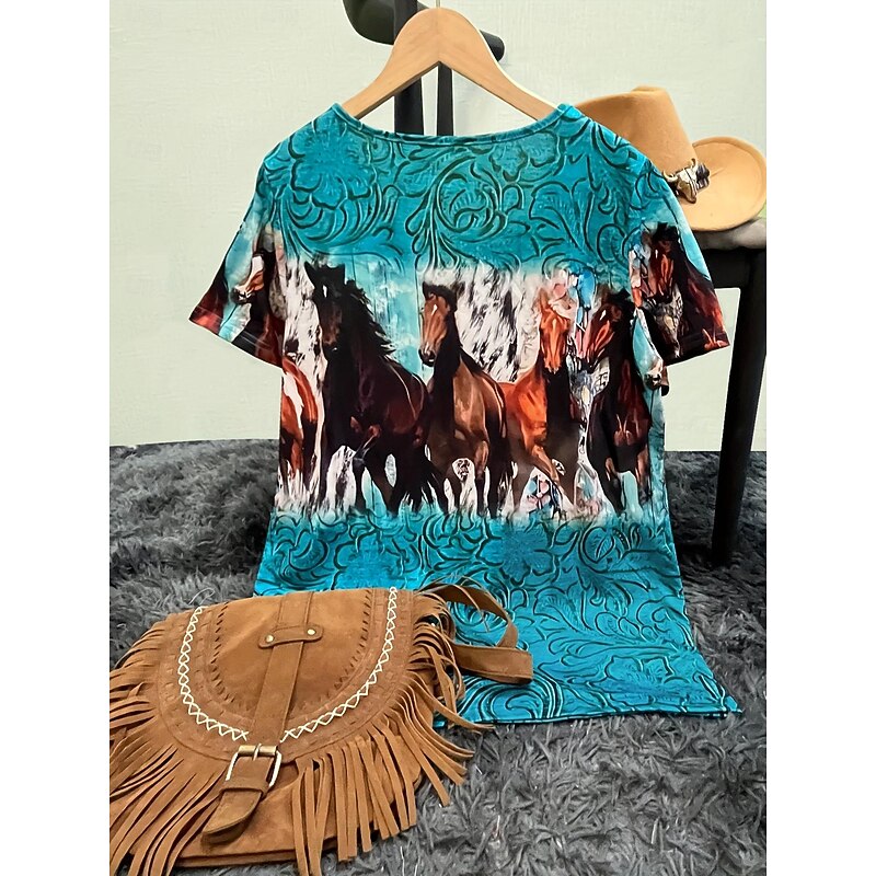 Women's T Shirt Casual Horse Print Short Sleeve Regular Tops V Neck Daily Blue Purple Green Summer2