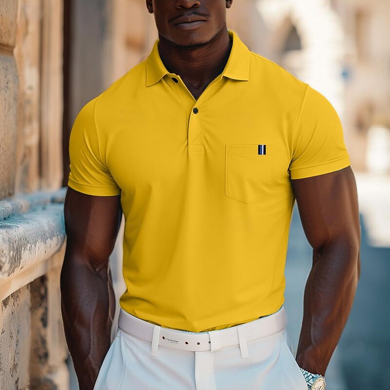 Men's Golf Shirt Casual Holiday Ribbed Polo Collar Short Sleeve Fashion Basic Solid Color Patchwork Pocket Summer Regular Fit Light Blue Black White Yellow Royal Blue Golf Shirt2