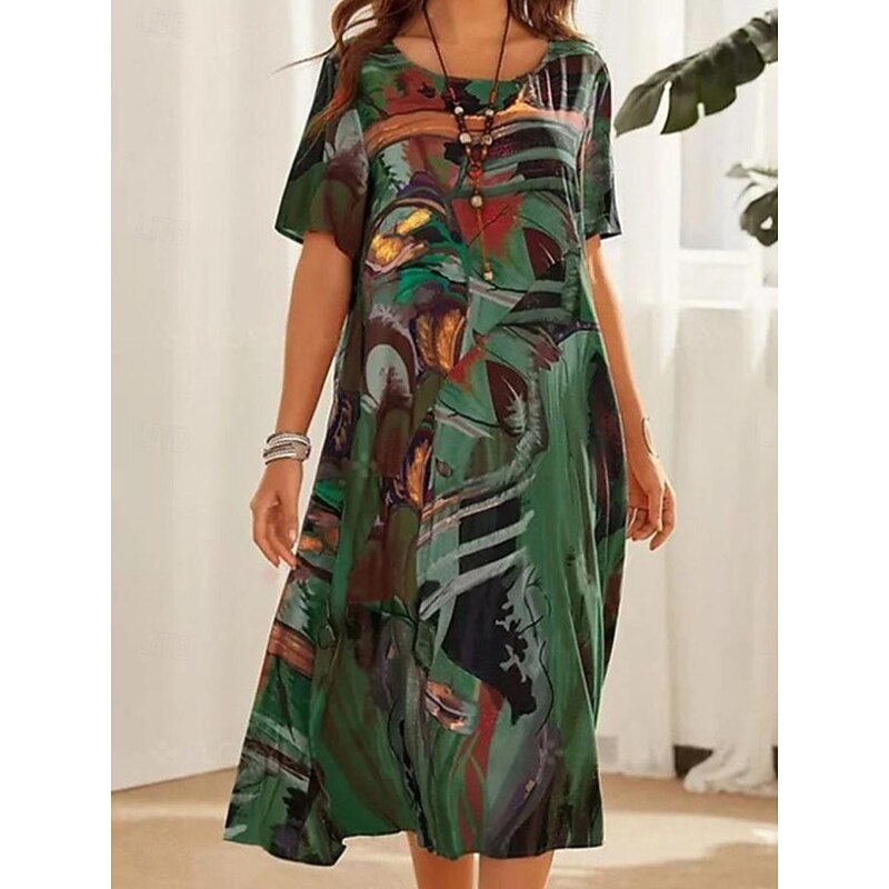Women's Abstract Print Crew Neck Midi Dress Casual Daily Short Sleeve Summer4