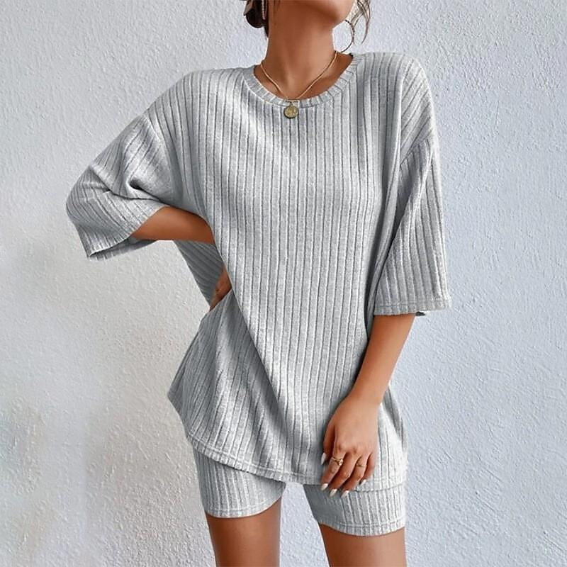 Set Women's Red Green Beige Plain 2 Piece Street Daily Fashion Round Neck Regular Fit S3