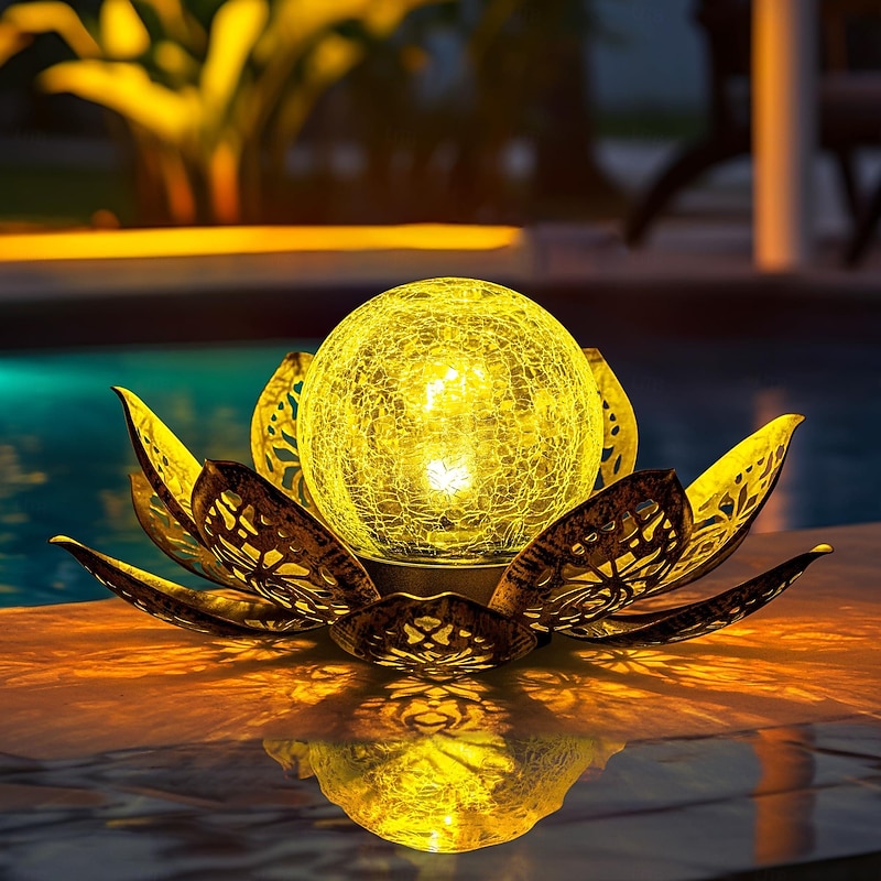 Solar Lights Outdoor Garden Decor, Adjustable Metal Petal Lotus Flower Lights Glass Lantern Outdoor Table Decor Waterproof for Patio, Lawn, Pathway, Pond, Christmas Gift