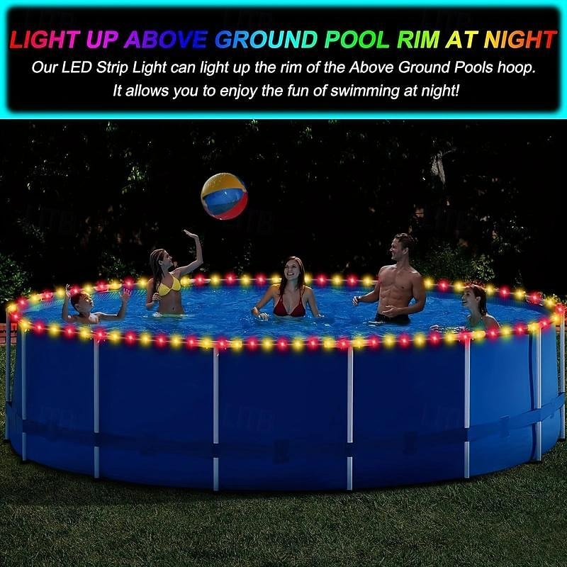 1pc 20M 200Leds Waterproof LED Pool Rim Lights,  Submersible Rim Lights with Color Changing Remote Control, Battery Operated for Above Ground Circular Pools Bright Durable String Lights2