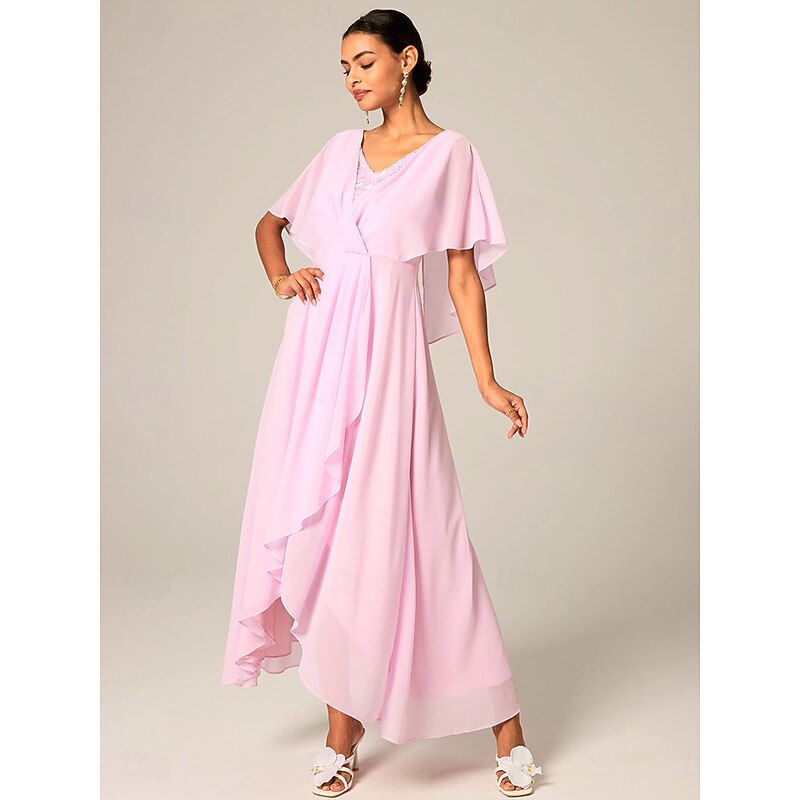 Women's Wedding Guest Cocktail Dress Chiffon Lace Split Elegant Formal A Line Maxi Dress V Neck Short Sleeve Pink Color4