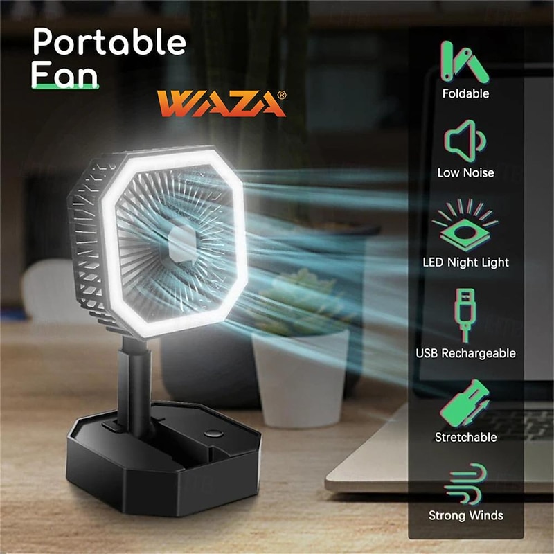 WAZA Foldable USB Mini Fan – Adjustable Height and Angle, LED Light, Personal Rechargeable Fan for Travel and Office