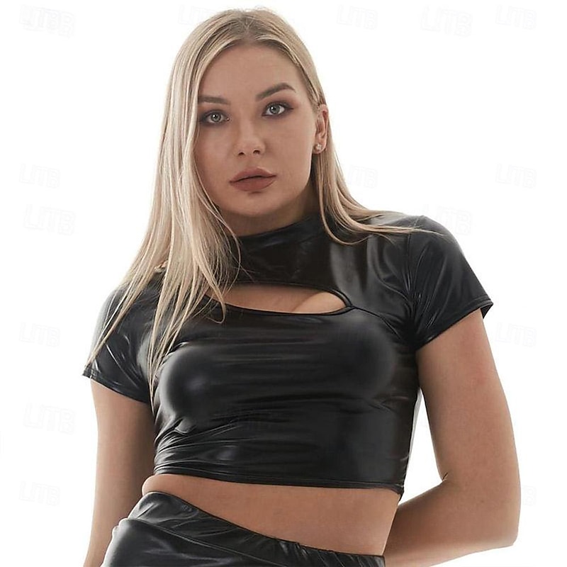 Metallic 1980s Shiny Latex Patent T-shirt Crop Top Disco Fancy Dress Women's Halloween Carnival Masquerade Party / Evening Pride Parade Pride Month Adults Top2