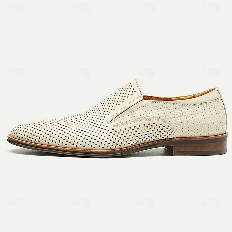 Men's Beige Perforated Leather Loafers, Premium Cowhide Slip-On Dress Shoes - Breathable and Stylish Footwear for Formal and Casual Occasions2
