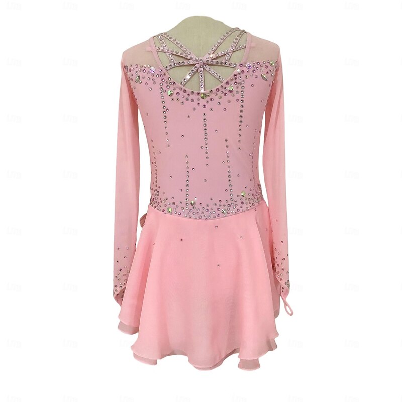 Figure Skating Dress Women's Girls' Ice Skating Dress Black Pink Orange Thumbhole Mesh Spandex Stretchy Training Practice Professional Skating Wear Thermal Warm Classic Crystal / Rhinestone Long2
