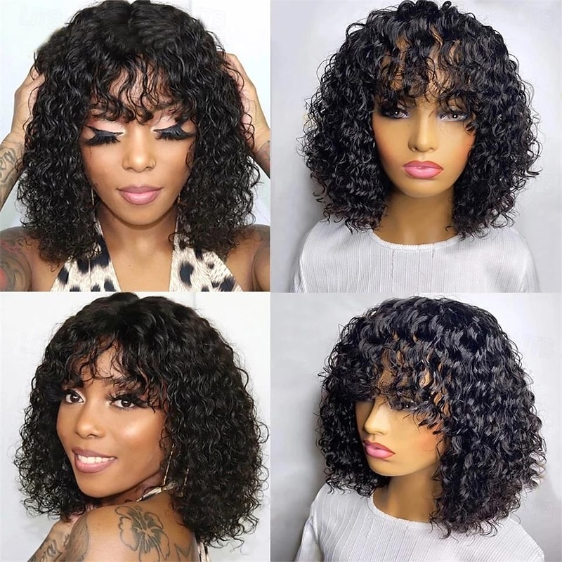 Remy Human Hair 13x4 Lace Front Wig Free Part With Bangs Malaysian Hair Kinky Curly Black Burgundy Dark Brown Wig 150% Density with Baby Hair Glueless Pre-Plucked For wigs for black women Long Human4