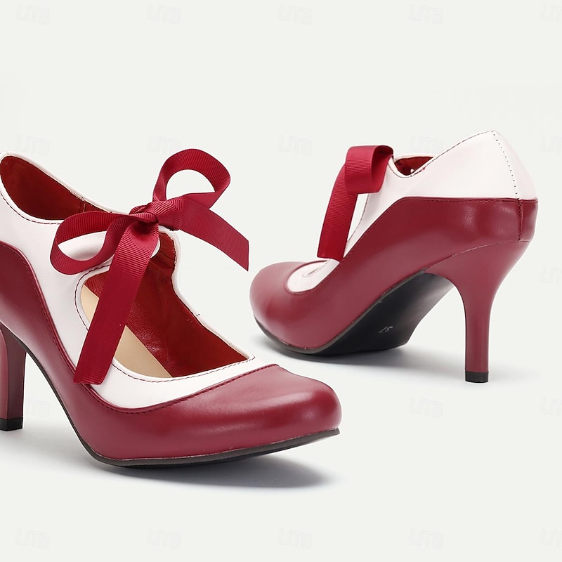 Elegant Vintage Two-Tone Red and White Ribbon-Tie Pumps for Women - Stylish High Heel Dress Shoes2