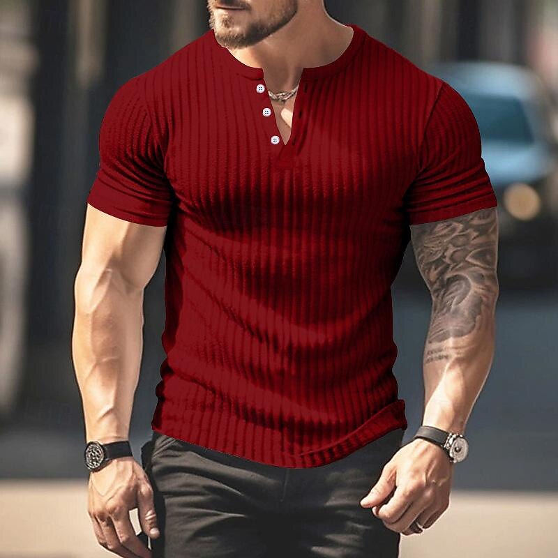 Men's Button T Shirt T Shirt Henley Shirt Tee Short Sleeve Henley Spring & Summer Plain Pit Strip Fashion Designer Basic Vacation Street Going out Wine Black White Top Tee for Men 9