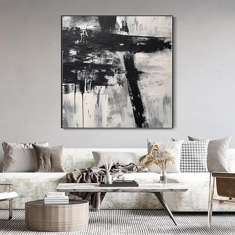 Handmade Oil Painting Acrylic Canvas Wall Art Decoration Minimal Black and White Abstract Texture for Home Decor Rolled Frameless Unstretched Painting2