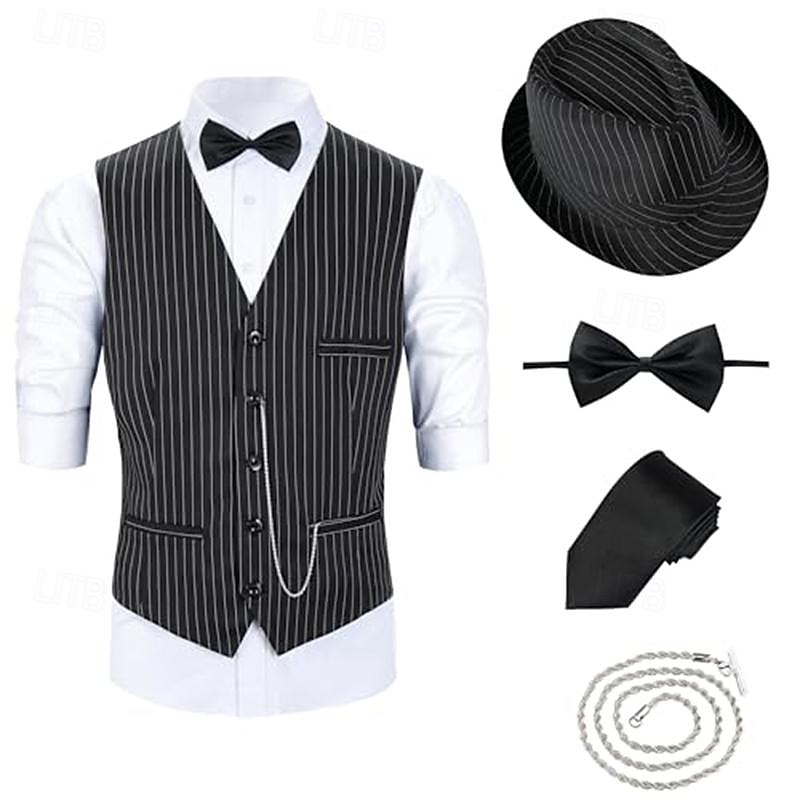 Retro Vintage Roaring 20s 1920s Outfits Waistcoat Accesories Set Gentleman Gangster Fancy Dress Men's Halloween Carnival New Year Carnival Party / Evening Masquerade Adults' Cravat Vest Hat All2