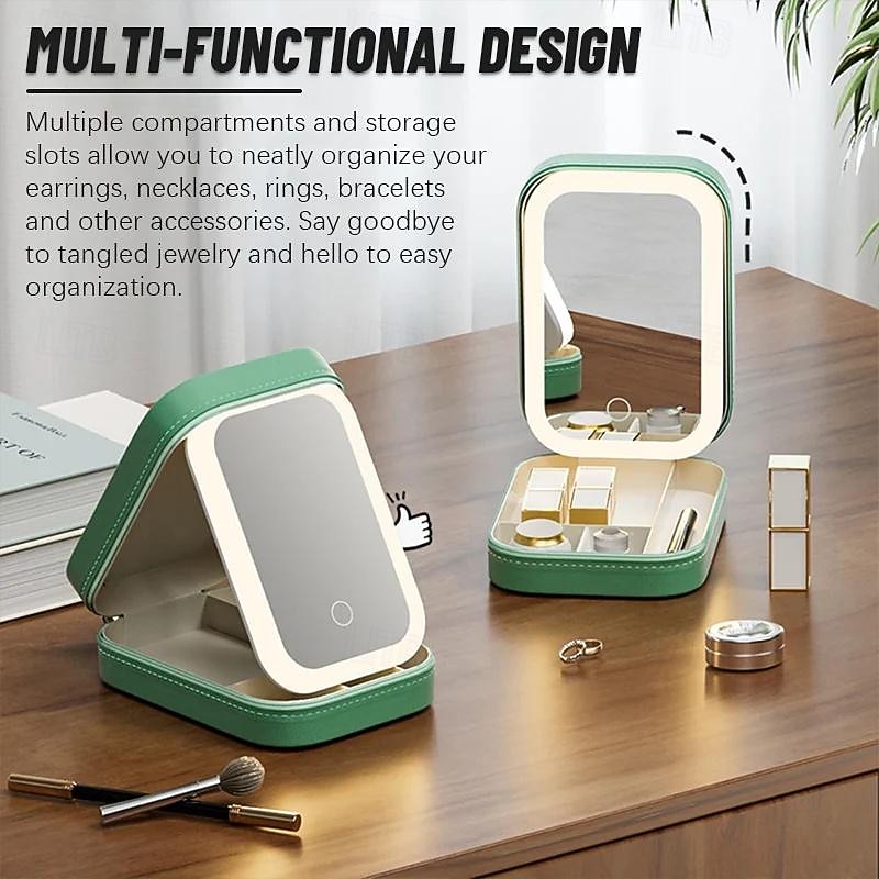 LED Lighted Makeup Mirror with Adjustable Brightness, Portable Vanity Mirror with Built-in Organizer, Travel Cosmetic Case with Jewelry Storage, USB Rechargeable