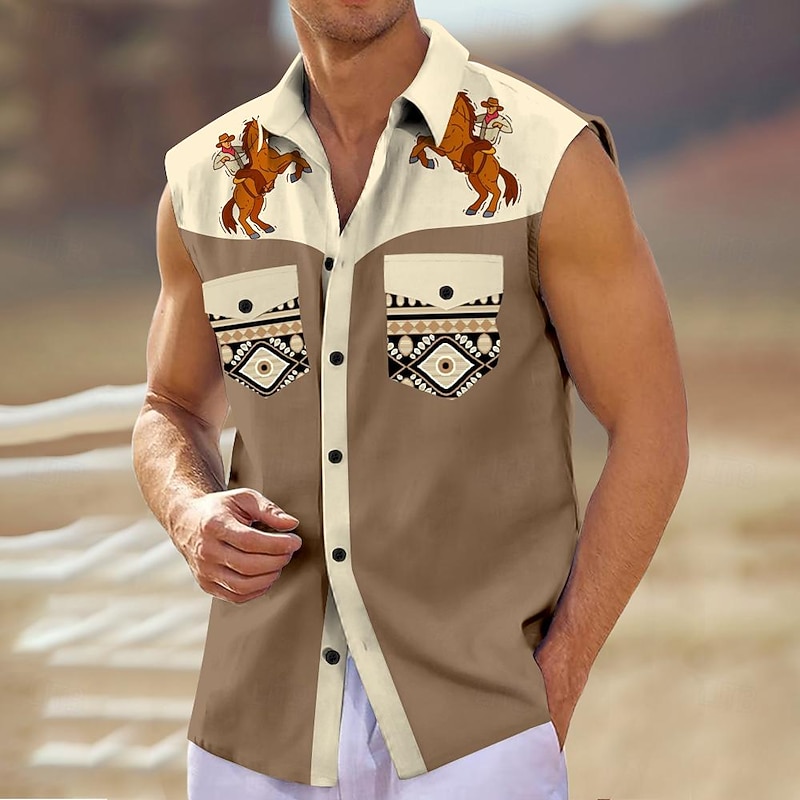 Men's Horse Southwestern Print Shirt Western Shirt Cowboy Shirt Sleeveless Western Style Tribal Outdoor Work Causal Summer Spring Shirt Collar Black Khaki