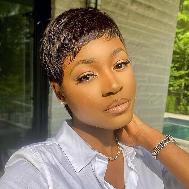 Human Hair Wig Short Natural Straight Pixie Cut Natural Black Adjustable Natural Hairline For Black Women Machine Made Capless Brazilian Hair Women's Natural Black #1B 6 inch Daily Wear Party