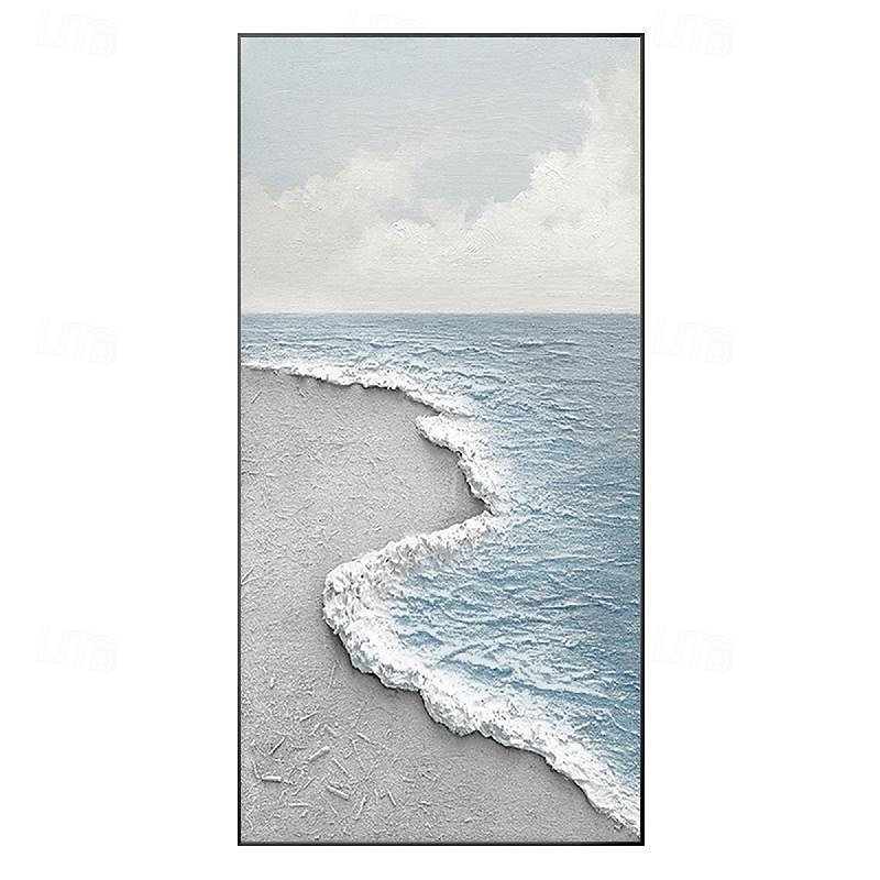 Light Blue Seascape Painting hand painted 3D Textured Art painting White Sea Wave Gray Beach Abstract Painting hand painted  Acrylic wave ocean Painting Large Framed Wall Art paintings4