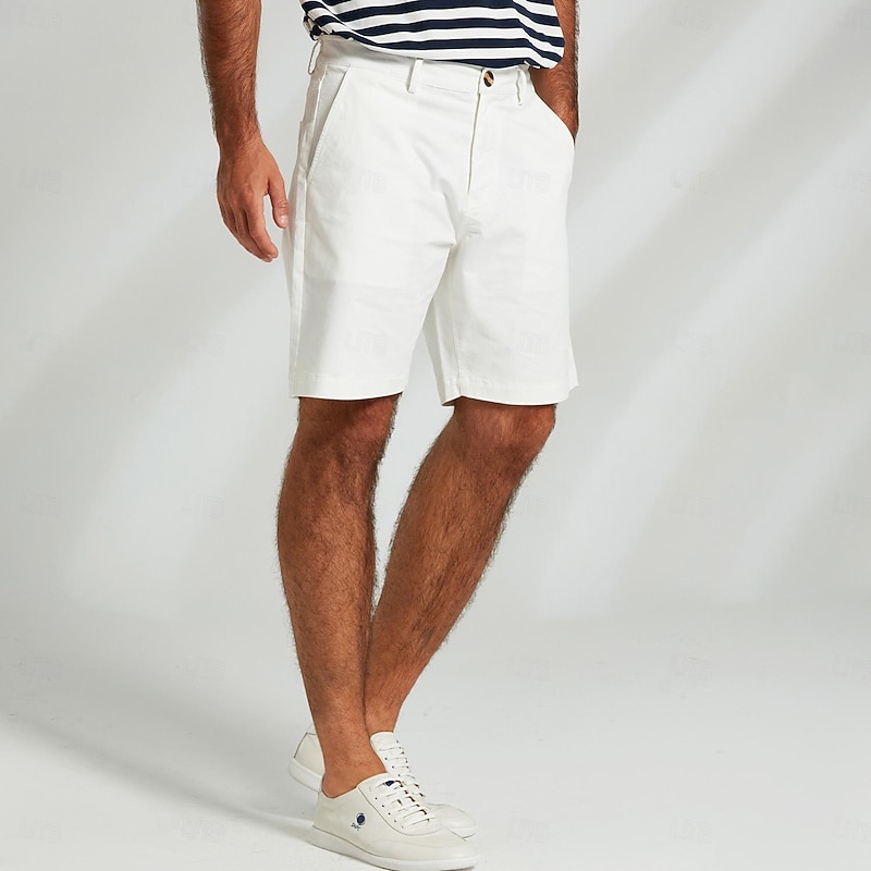 Men's Dress Shorts Zipper Pocket Solid Color Breathable Knee Length Formal Wedding Party Chic & Modern Formal White Navy Blue Micro-elastic