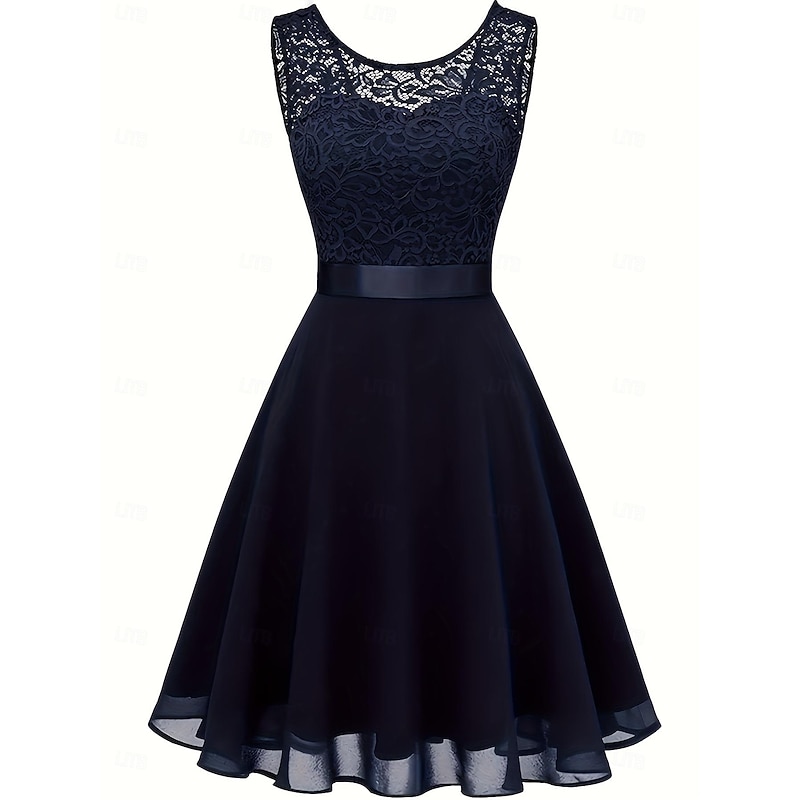 Women's Midi Dress Lace Dress Cocktail Dress Wedding Guest Dress Chiffon Dress Elegant Formal Wedding Party Regular Fit Crew Neck Black White Dark Red Pink Summer